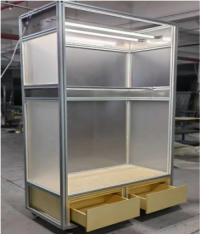 Custom Aluminum Frame Shoe & Bag Display Rack with Acrylic Panels and Storage Drawers